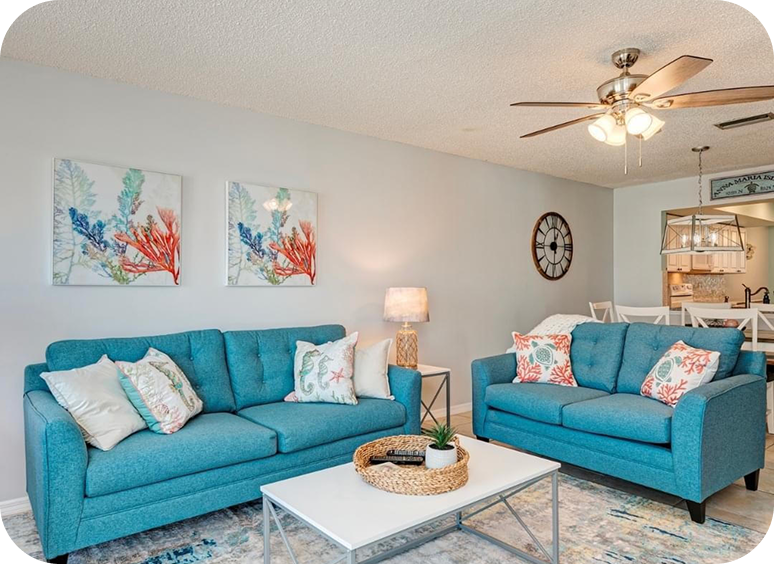 Modern decor with blue couches