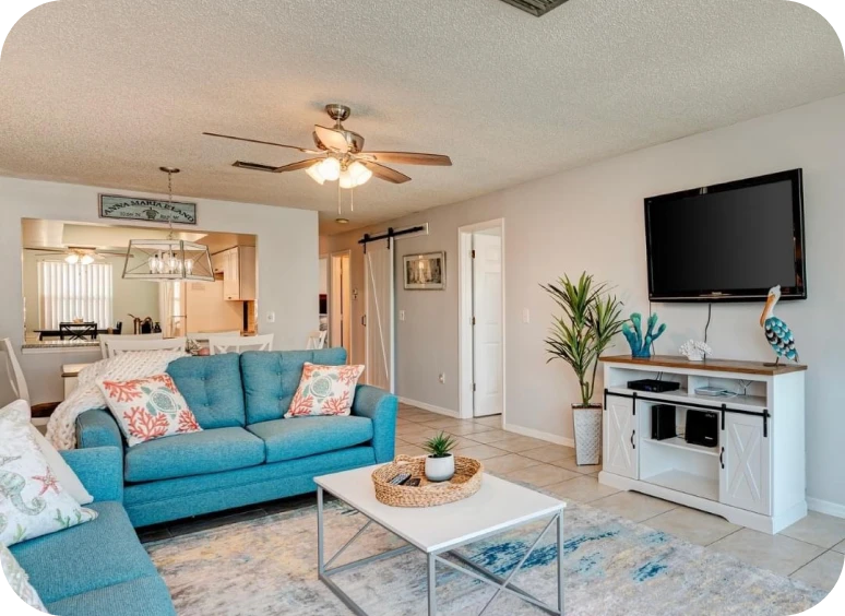 Cozy living room with blue couch